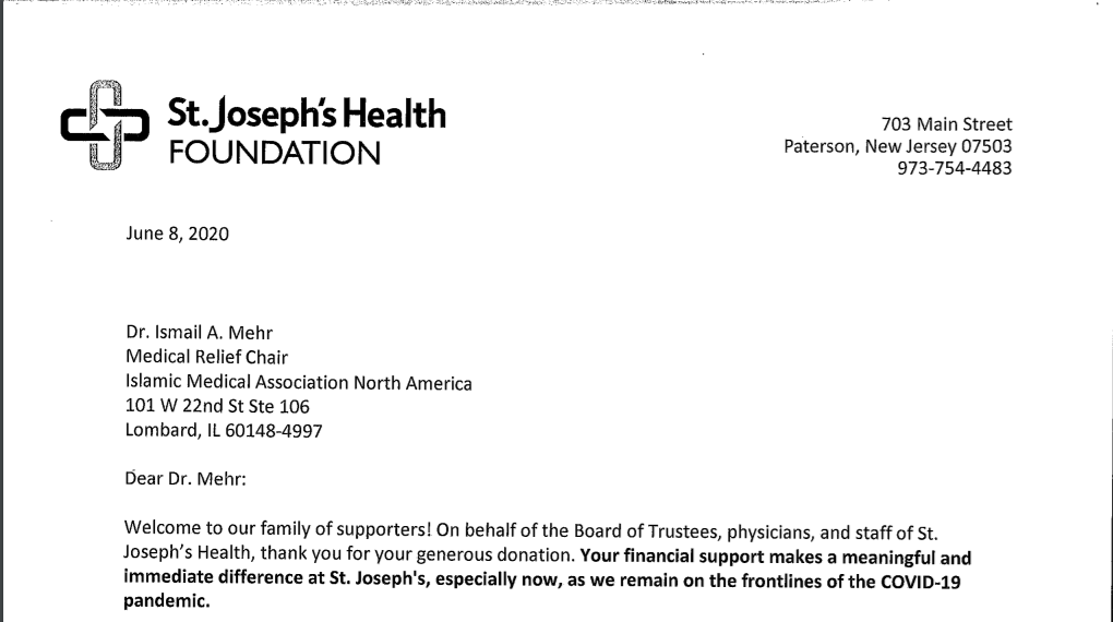 Letter of Thanks from St. Joseph’s Health Foundation for KN95 masks